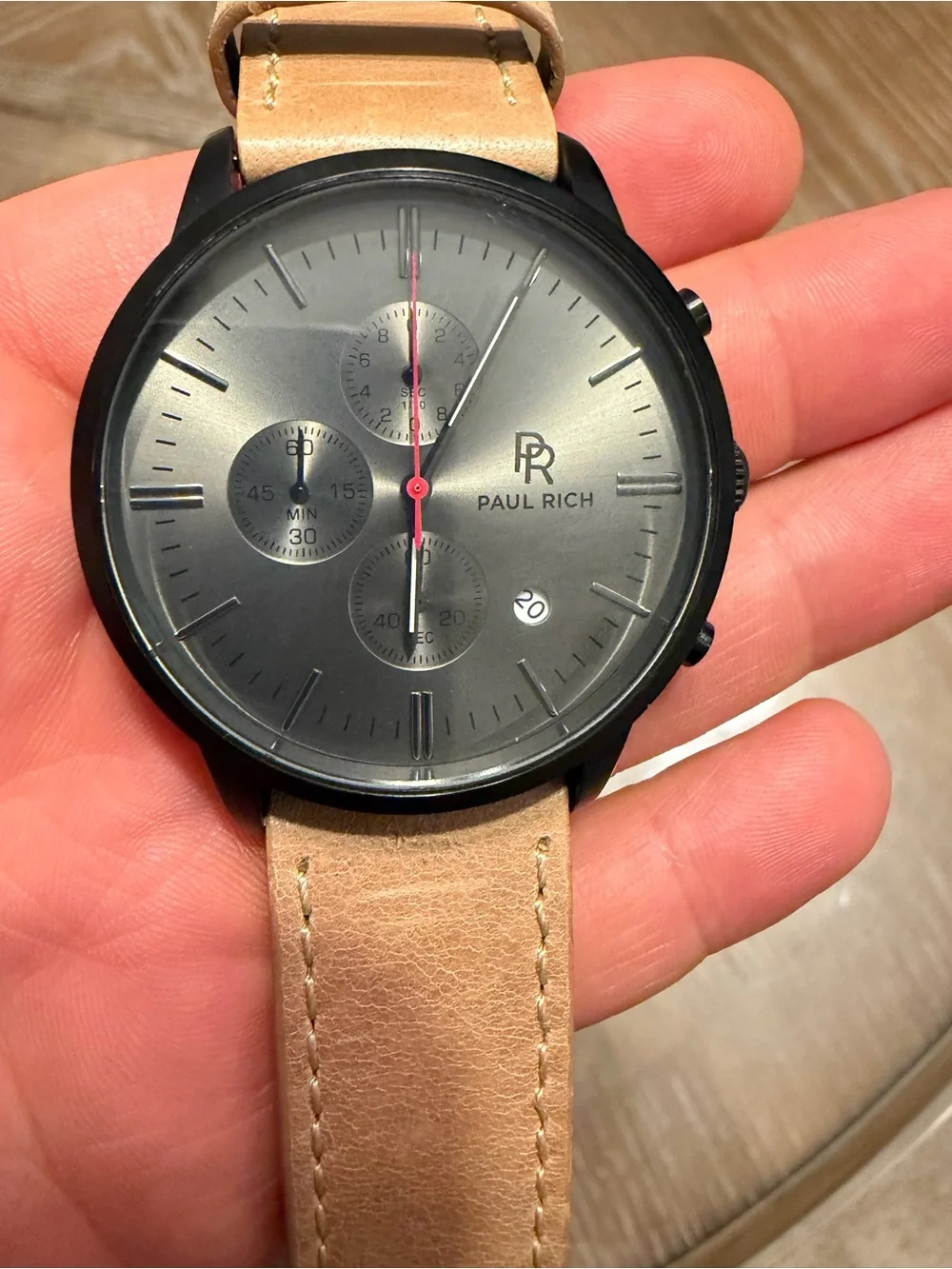Men's Black Dial Chronograph Watch with Tan Leather Strap